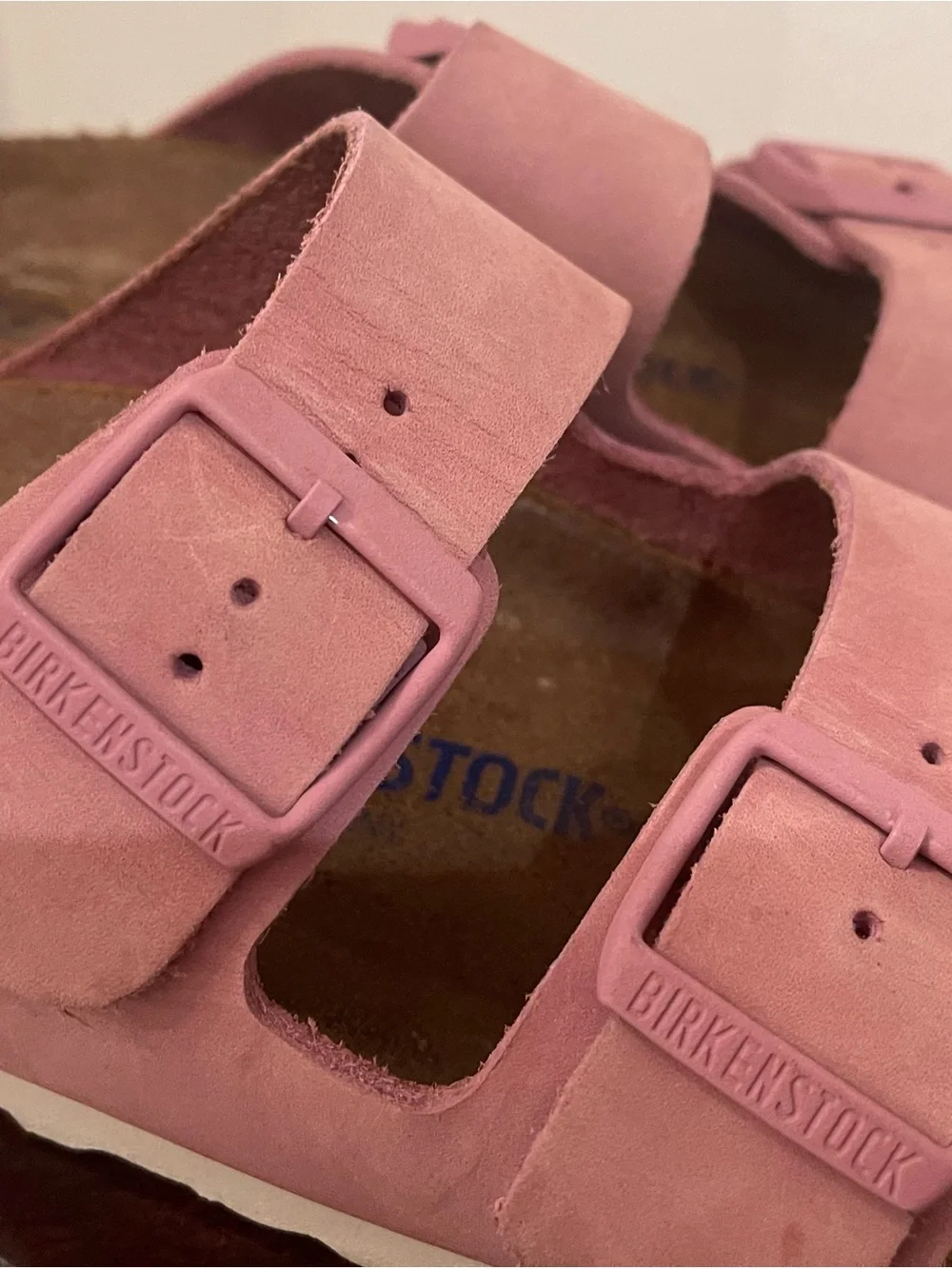 Birkenstock Arizona Pink Leather Two-Strap Buckle Sandals